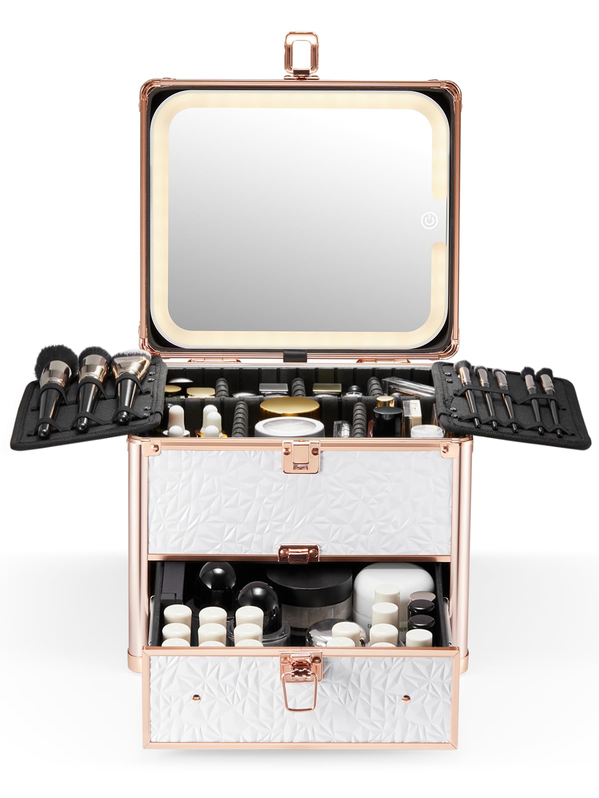 Qislee Makeup Box with Drawer and A Detachable Lighted Mirror, Waterproof Travel Train Case, Cosmetic Organizer and Makeup Suitcase with Adjustable Dividers, Magnetic LED Mirror (Black)