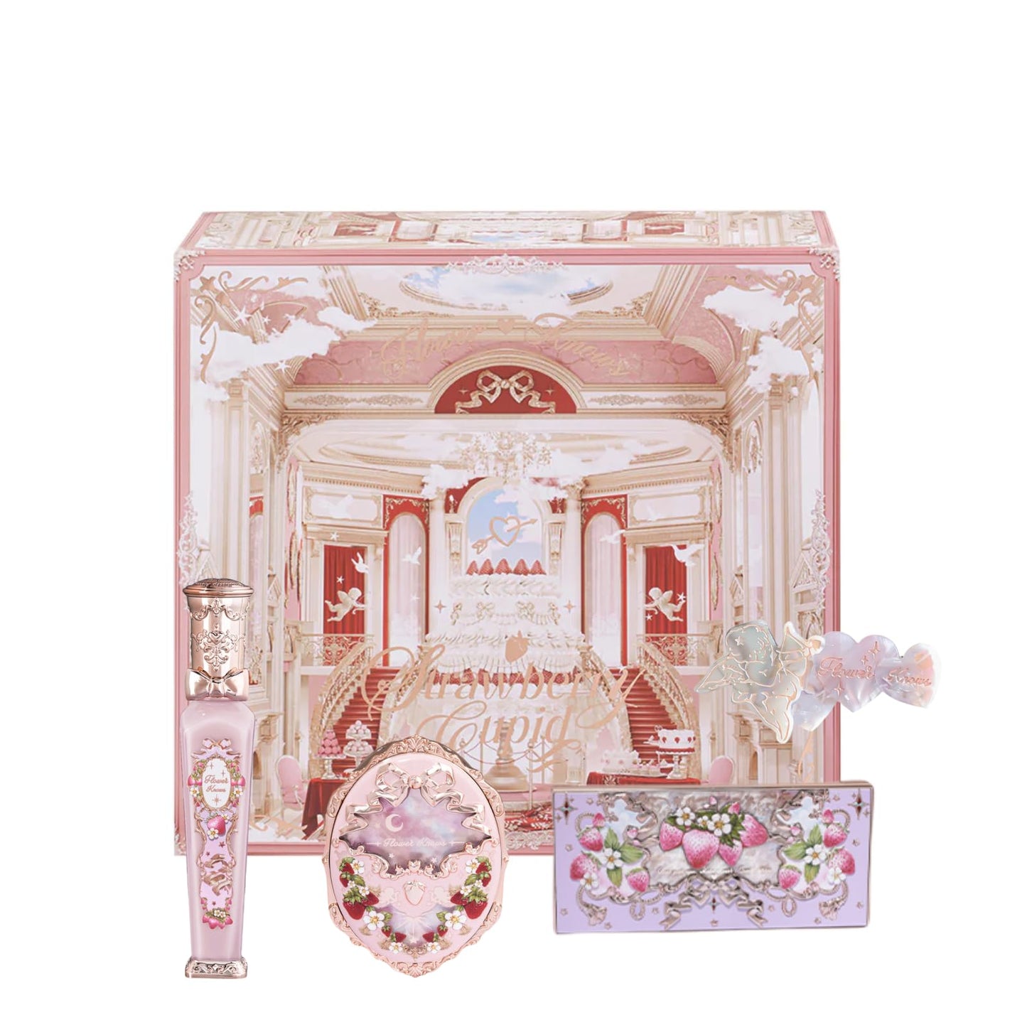 Flower Knows Violet Strawberry Rococo Gift Box Set,7 Pack Makeup Box with Mirror,Lip Gloss×2+Blush×2+Blush Brush×1+Hair Clip×1+Gift Box×1,Perfect Makeup Gift for Girls & Women