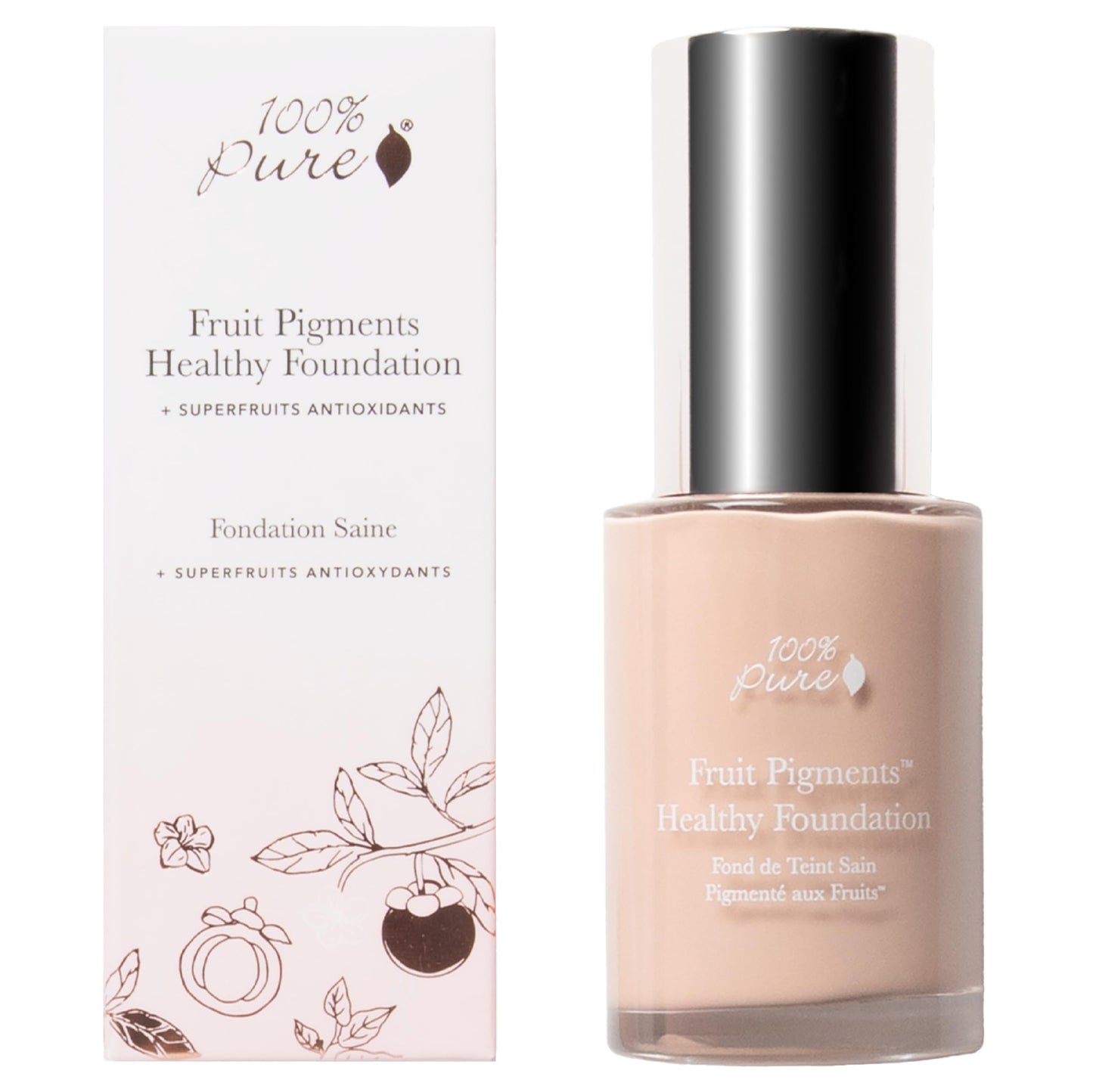 100% PURE Healthy Foundation Full Face Coverage Makeup, Liquid Matte Finish with Anti-Aging Benefits - Vegan Gorgeous Fruit Pigmented White Peach Color (Light with Warm Undertone) - 1 Fl Oz
