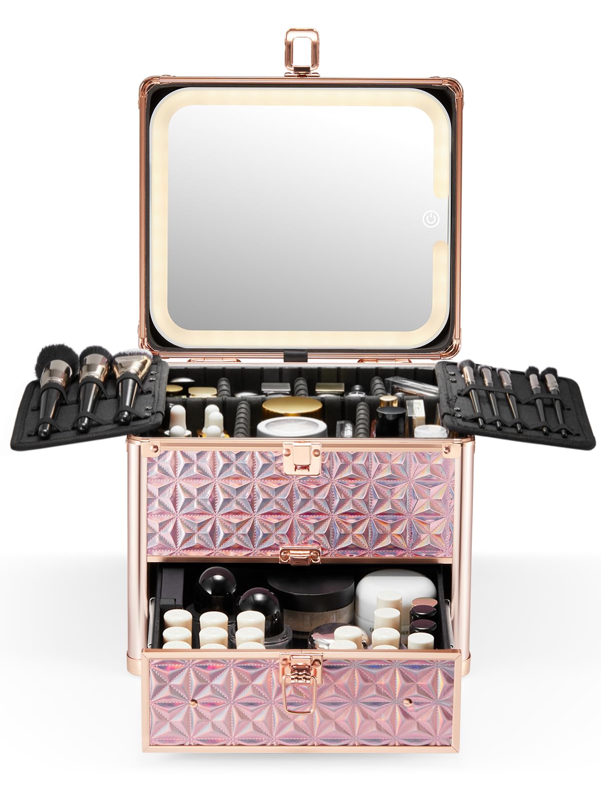 Qislee Makeup Box with Drawer and A Detachable Lighted Mirror, Waterproof Travel Train Case, Cosmetic Organizer and Makeup Suitcase with Adjustable Dividers, Magnetic LED Mirror (Black)