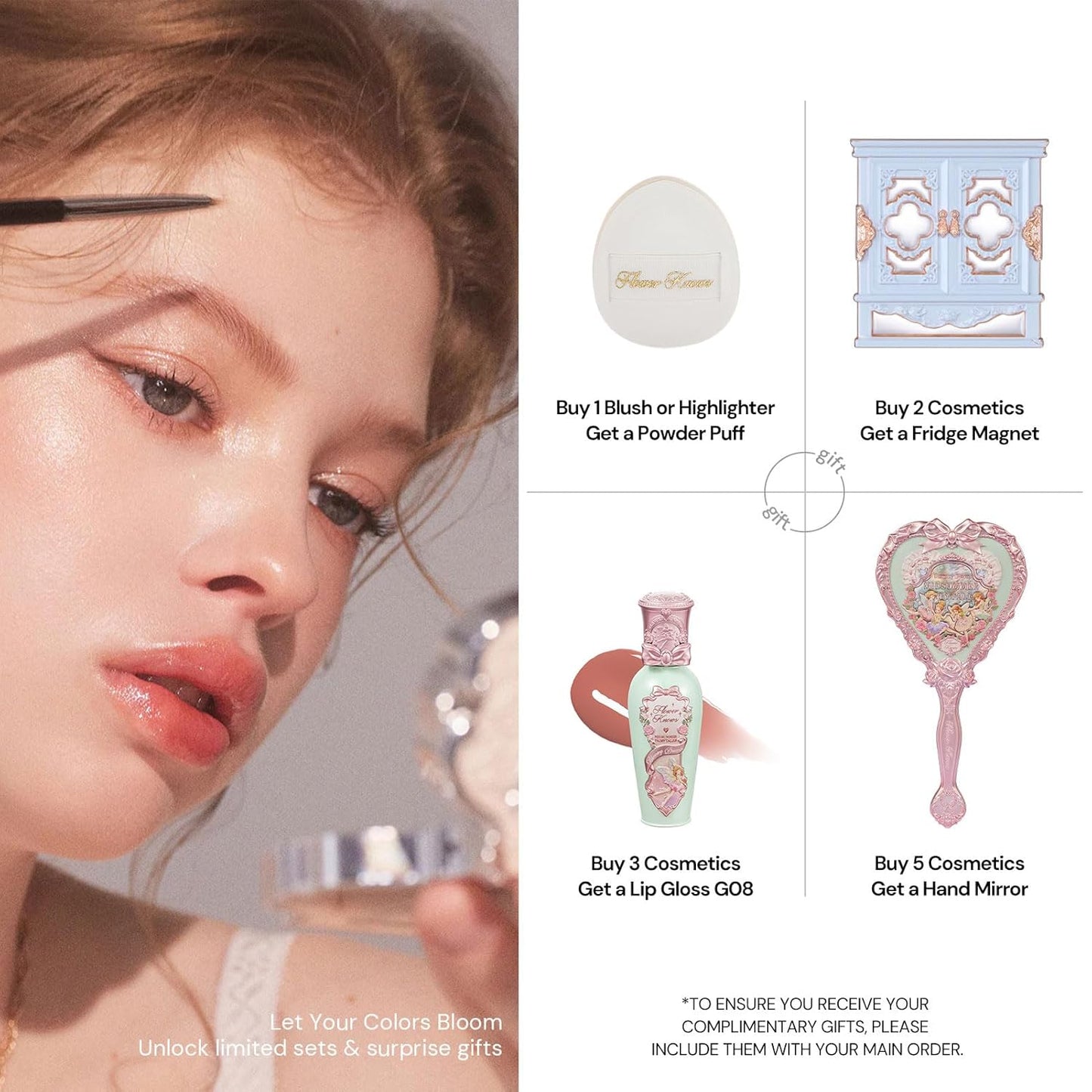 Flower Knows Violet Strawberry Rococo Gift Box Set,7 Pack Makeup Box with Mirror,Lip Gloss×2+Blush×2+Blush Brush×1+Hair Clip×1+Gift Box×1,Perfect Makeup Gift for Girls & Women