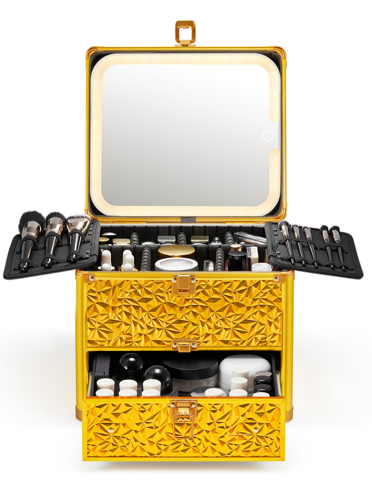 Qislee Makeup Box with Drawer and A Detachable Lighted Mirror, Waterproof Travel Train Case, Cosmetic Organizer and Makeup Suitcase with Adjustable Dividers, Magnetic LED Mirror (Black)