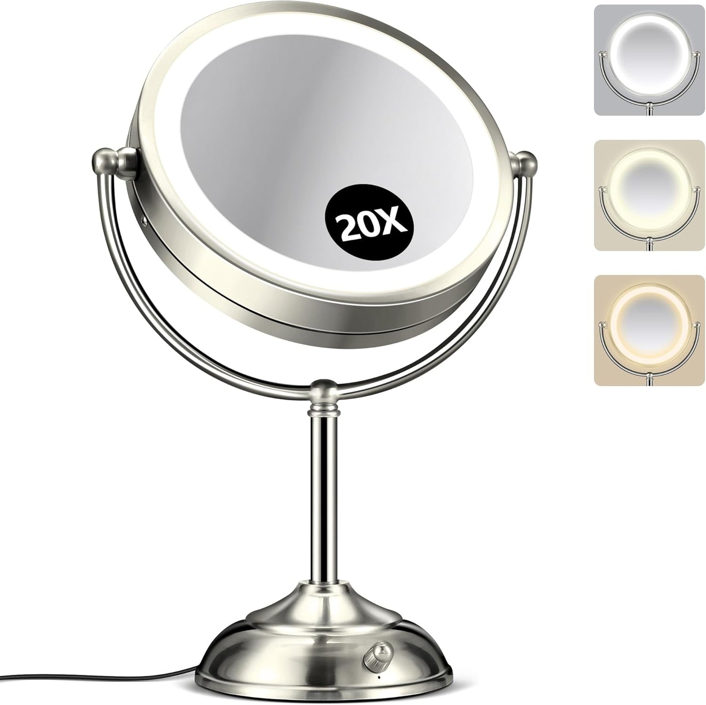 20x Large Lighted Makeup Mirror, Rechargeable 9" Magnifying Makeup Mirror, 30-Minute Timer,3 Color Modes, Adjustable Brightness, No Assembly Required, 360° Rotation Cosmetic Mirror, Pearl Nickel