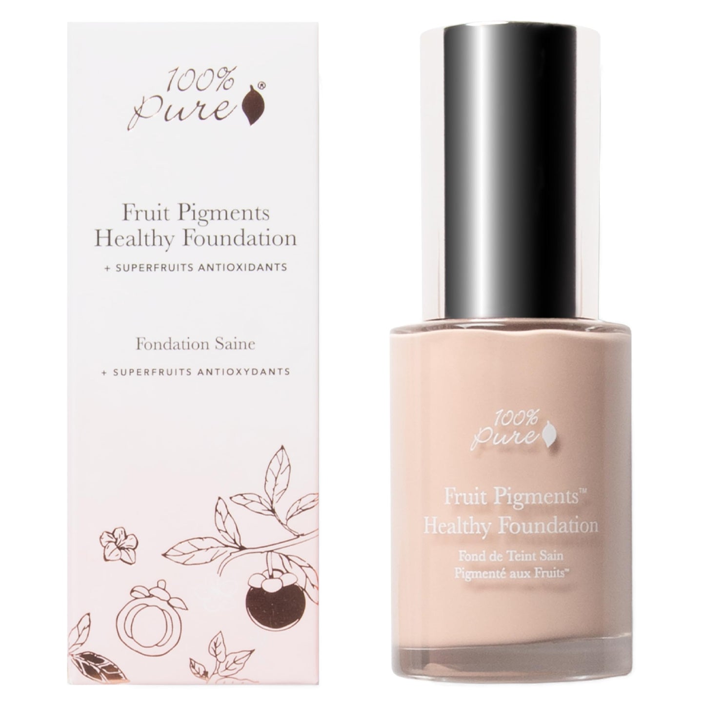 100% PURE Healthy Foundation Full Face Coverage Makeup, Liquid Matte Finish with Anti-Aging Benefits - Vegan Gorgeous Fruit Pigmented White Peach Color (Light with Warm Undertone) - 1 Fl Oz