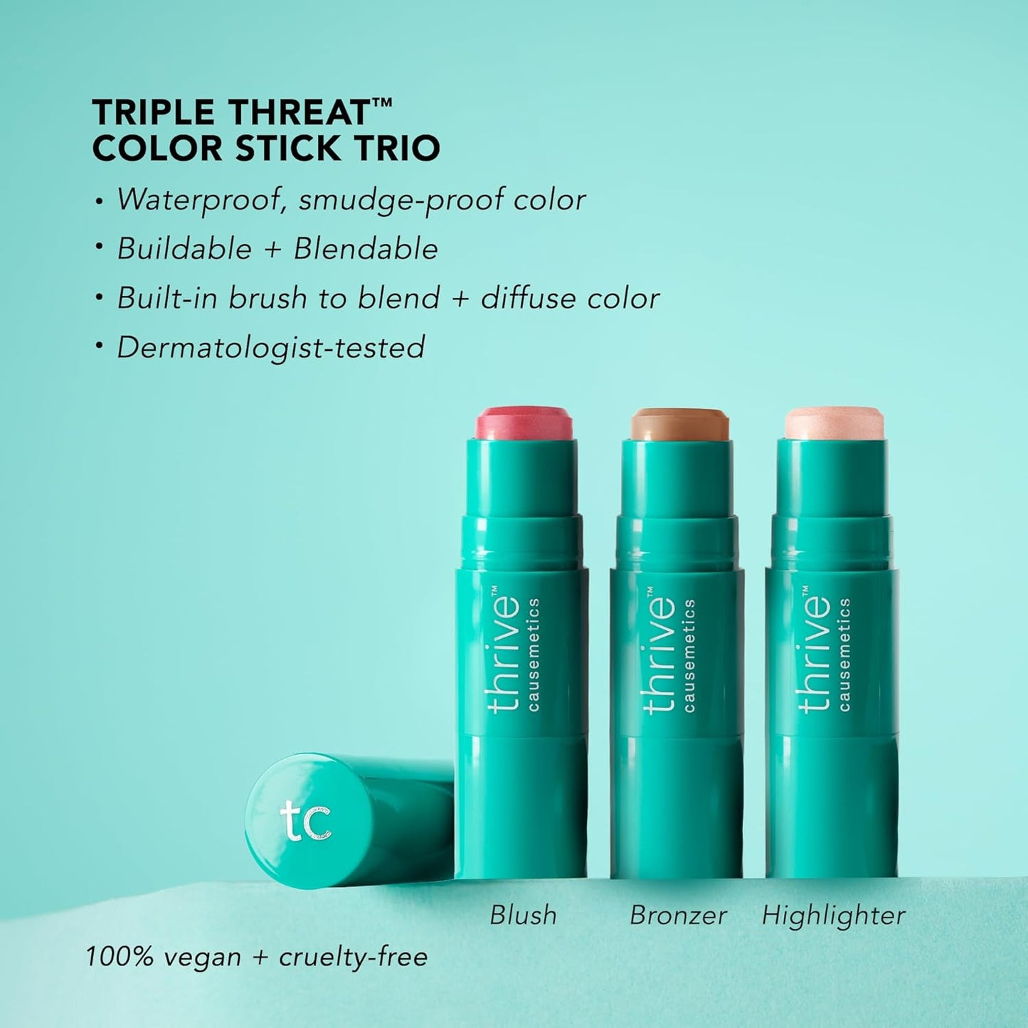 Thrive Causemetics Triple Threat Color Stick Makeup Bag Bundle: Blush, Highlighter, Bronzer & Contour Stick, Vitamin E, Evening Primrose Oil, Waterproof Smudge Proof Face Makeup Formula, 3 Shades