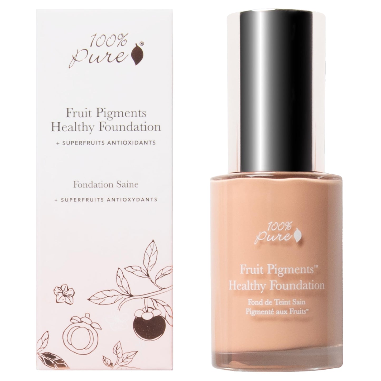 100% PURE Healthy Foundation Full Face Coverage Makeup, Liquid Matte Finish with Anti-Aging Benefits - Vegan Gorgeous Fruit Pigmented White Peach Color (Light with Warm Undertone) - 1 Fl Oz