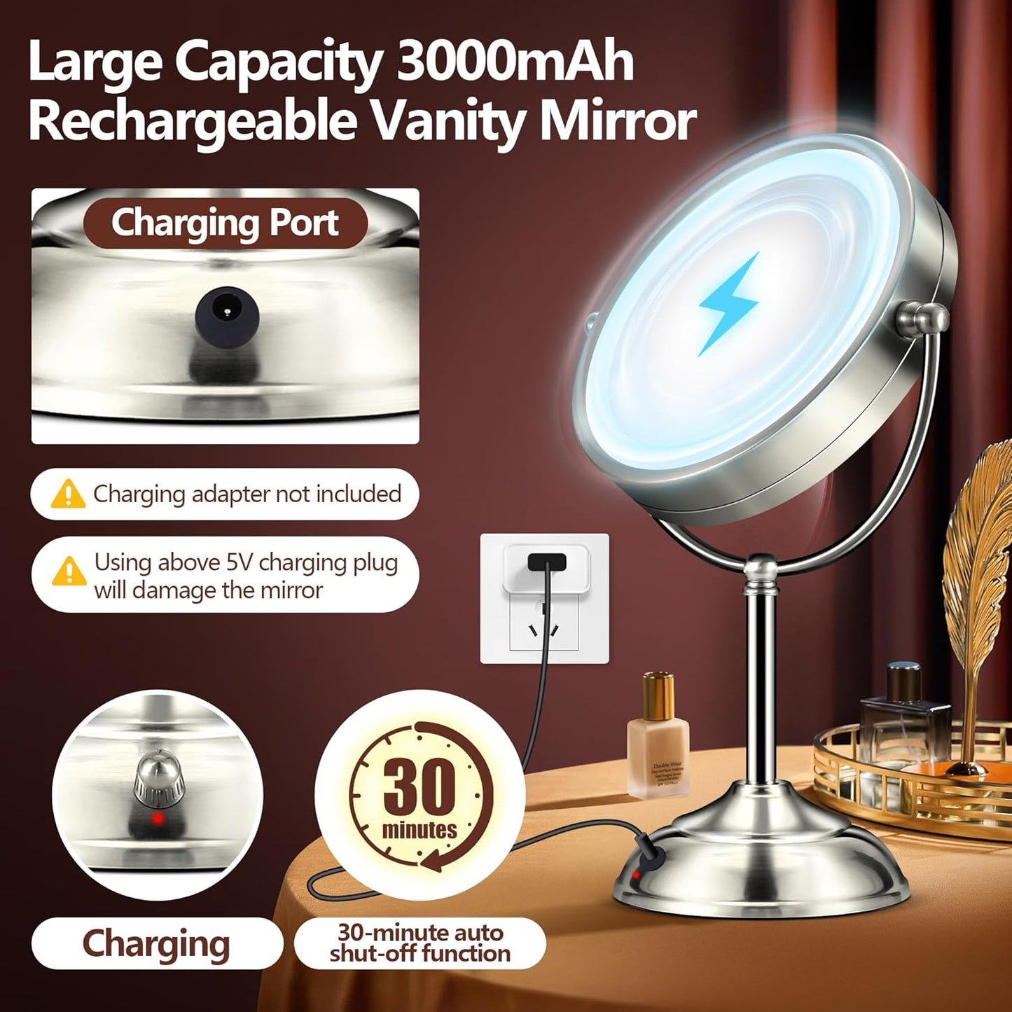 20x Large Lighted Makeup Mirror, Rechargeable 9" Magnifying Makeup Mirror, 30-Minute Timer,3 Color Modes, Adjustable Brightness, No Assembly Required, 360° Rotation Cosmetic Mirror, Pearl Nickel