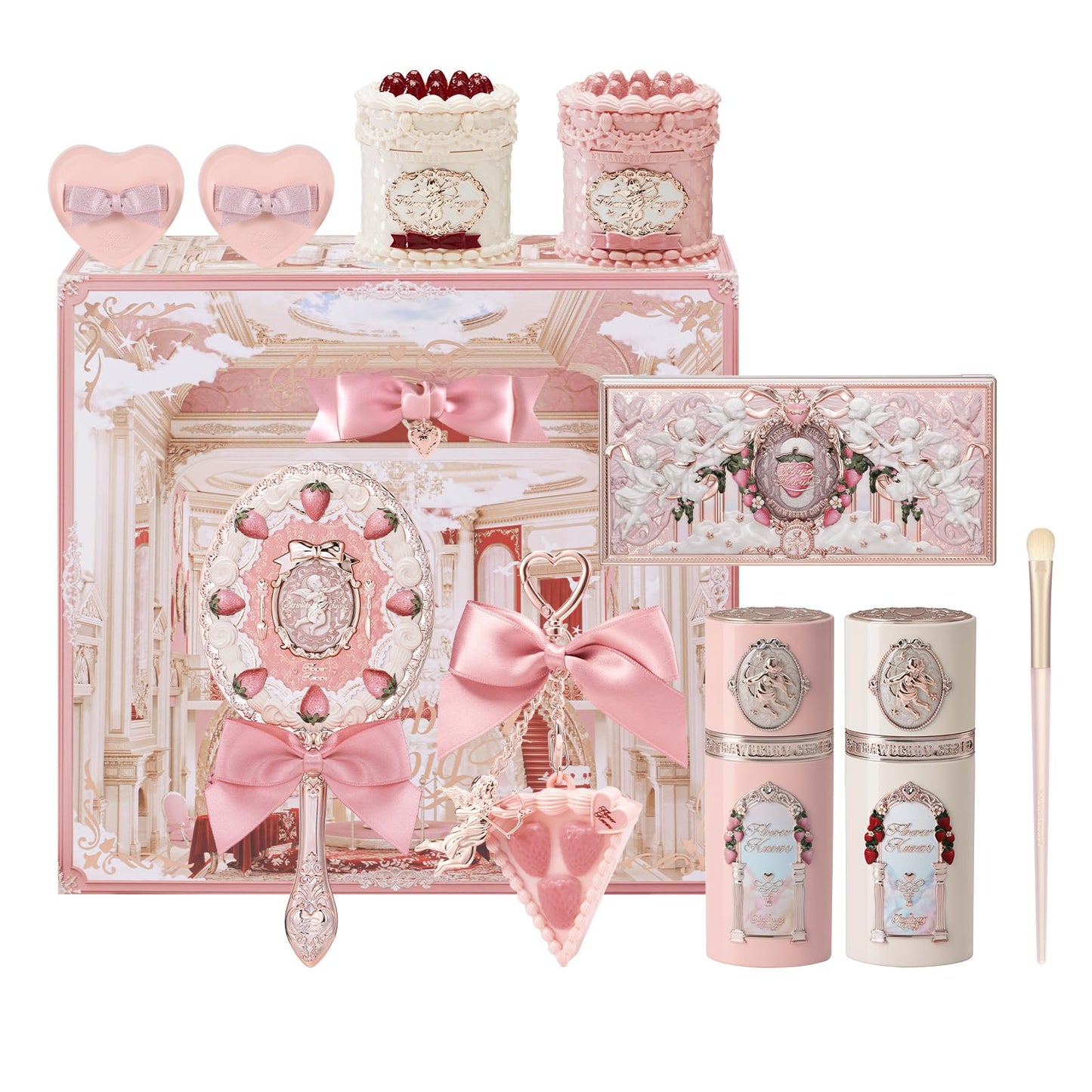 Flower Knows Violet Strawberry Rococo Gift Box Set,7 Pack Makeup Box with Mirror,Lip Gloss×2+Blush×2+Blush Brush×1+Hair Clip×1+Gift Box×1,Perfect Makeup Gift for Girls & Women