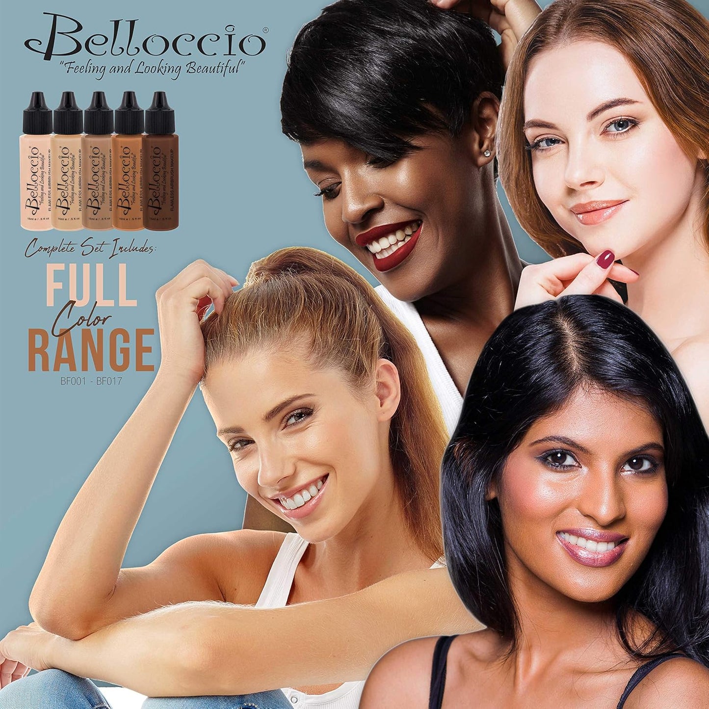 Belloccio Master Set Of All 17 Foundation Shades of Belloccio's Professional Cosmetic Airbrush Makeup, 1/2 oz. Bottles plus a 2 oz. Moisturizing Primer