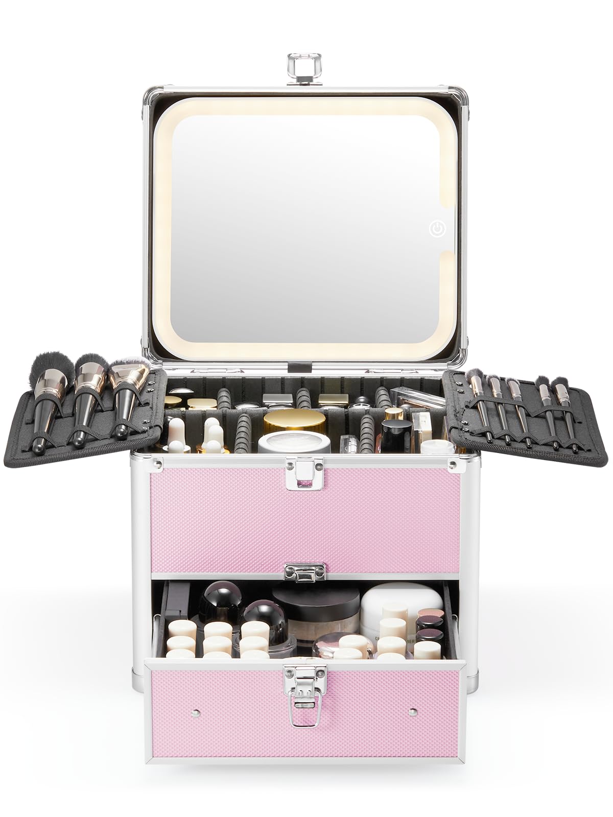 Qislee Makeup Box with Drawer and A Detachable Lighted Mirror, Waterproof Travel Train Case, Cosmetic Organizer and Makeup Suitcase with Adjustable Dividers, Magnetic LED Mirror (Black)