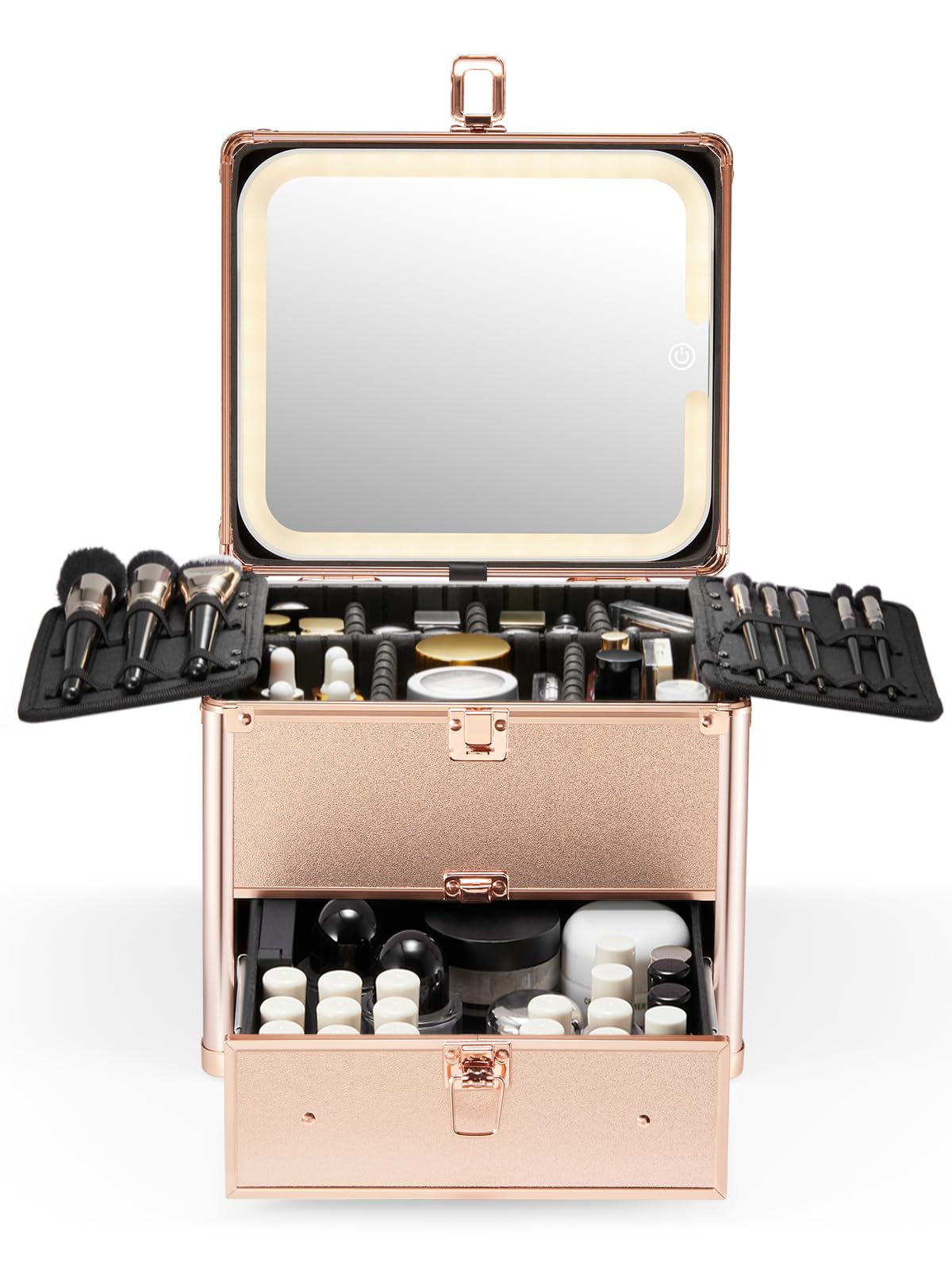 Qislee Makeup Box with Drawer and A Detachable Lighted Mirror, Waterproof Travel Train Case, Cosmetic Organizer and Makeup Suitcase with Adjustable Dividers, Magnetic LED Mirror (Black)