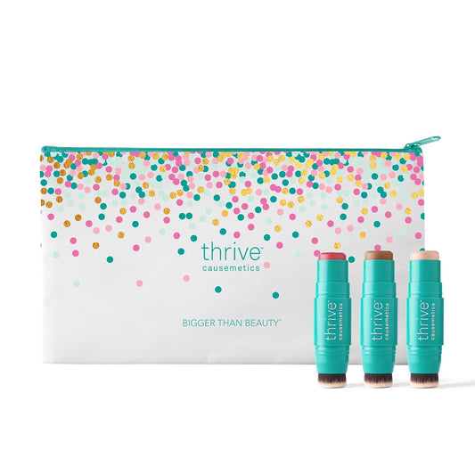 Thrive Causemetics Triple Threat Color Stick Makeup Bag Bundle: Blush, Highlighter, Bronzer & Contour Stick, Vitamin E, Evening Primrose Oil, Waterproof Smudge Proof Face Makeup Formula, 3 Shades