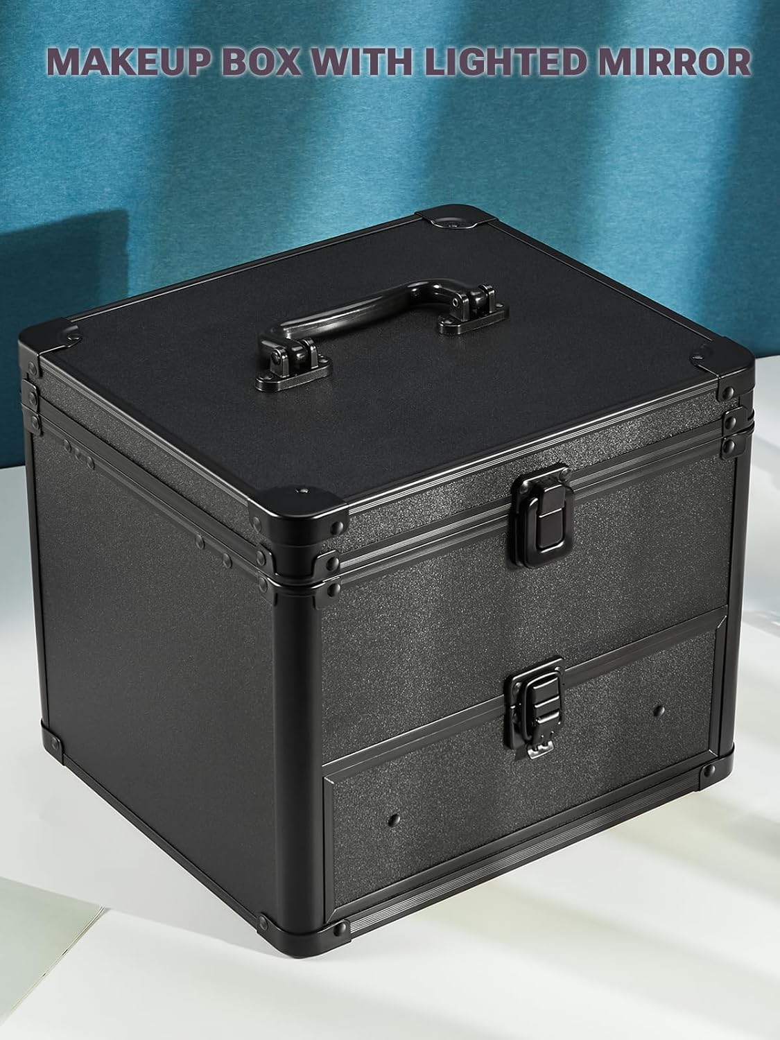 Qislee Makeup Box with Drawer and A Detachable Lighted Mirror, Waterproof Travel Train Case, Cosmetic Organizer and Makeup Suitcase with Adjustable Dividers, Magnetic LED Mirror (Black)